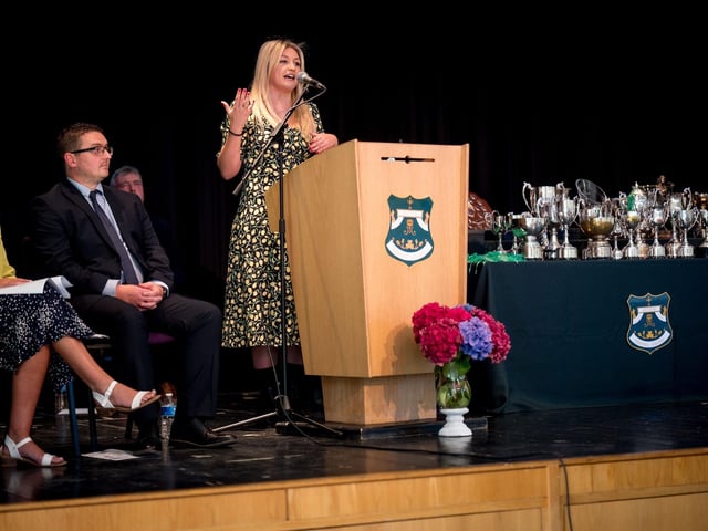 Ms Aoife Moore, BBC journalist and documentary maker, addressing the audience at the Thornhill Year 14 Prize-giving.