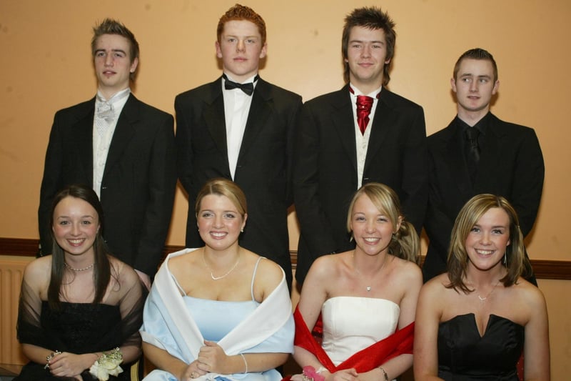 Ann Harkin, Rosemary Lafferty, Ciara Hamilton McDaid and Jenna McGrath with Mark Gillen, Stephen Corr, Ricard Crowley and Barry Doherty.  (0203JB41):Attendees enjoying the Thornhill College formal in April 2004.