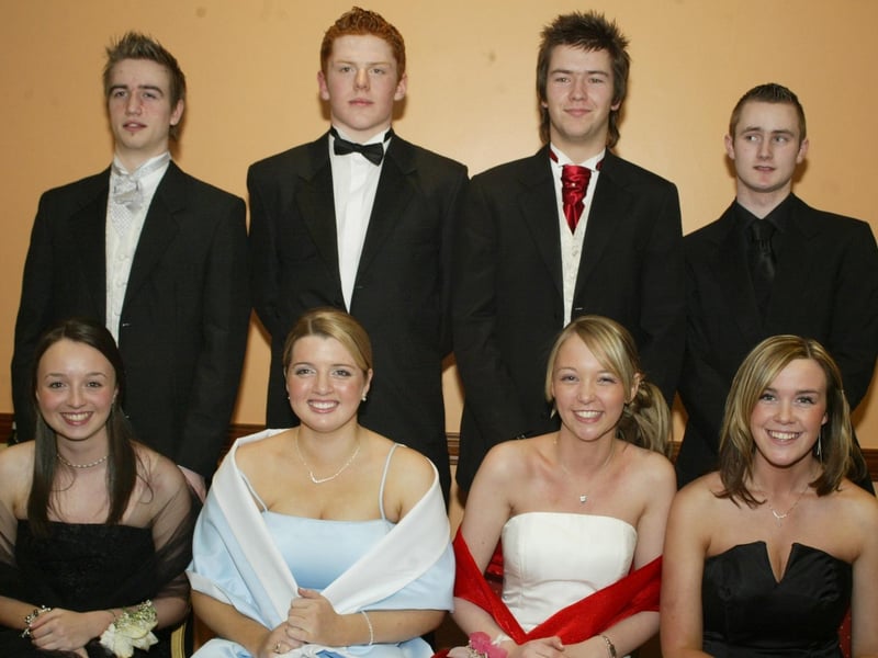 Ann Harkin, Rosemary Lafferty, Ciara Hamilton McDaid and Jenna McGrath with Mark Gillen, Stephen Corr, Ricard Crowley and Barry Doherty.  (0203JB41):Attendees enjoying the Thornhill College formal in April 2004.