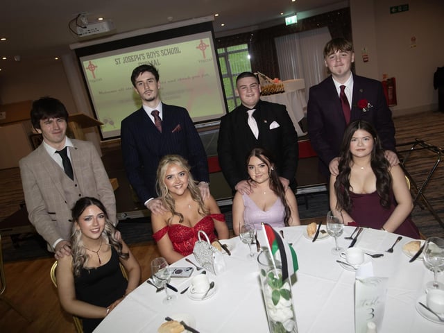 Enjoying Friday night's St. Joseph's Formal are front from left, Rosha Parkhill, Chloe McGinley, Sara Morrow and Sophie Nash. Back from left, Jayden Nixon, Charlie Aktins, Rory Duffy and Declan Barr. (Photos: Jim McCafferty Photography) : .