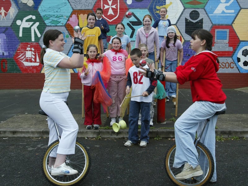 Children from Strabane who partipated in a week long circus workshop at Melvin Hall. (2108JB01):Derry youngsters enjoying summer in August 2003
