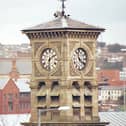 Old Railway station clock with Guildhall in background pictured in 1998. (Hugh Gallagher)