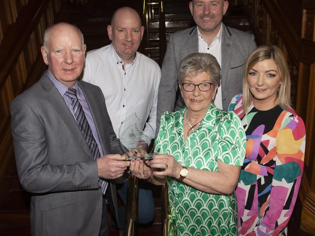 Ursula pictured at the Guildhall, Derry with her family on Tuesday evening after receiving a presentation from the Mayor Sandra Duffy. Included is husband Joe, sons Ciaran and Ruairi and daughter Sinead.