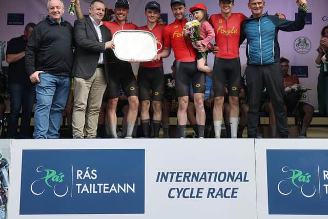 Foyle Cycling Club receive the 'Best County Team' award at the 2023 Ras Tailteann in Blackrock. (Photo: Lorraine O'Sullivan)