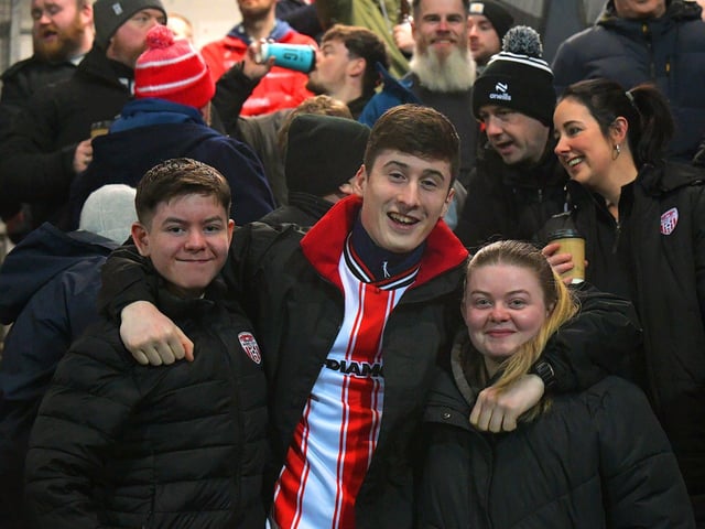 Smiling Derry City fans at the Brandywell for the game against Waterford. Photo: George Sweeney