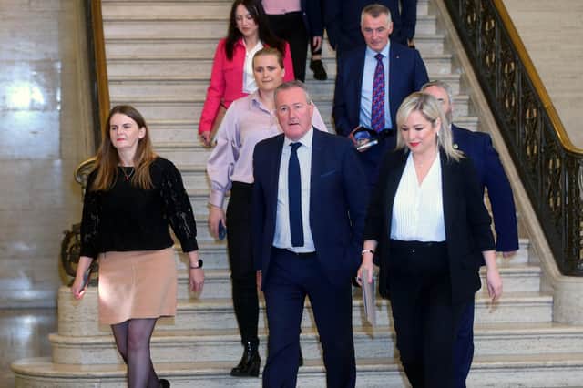 Sinn Fein leader in the north Michelle O'Neill leads her party at Stormont on Thursday. (Pacemaker)