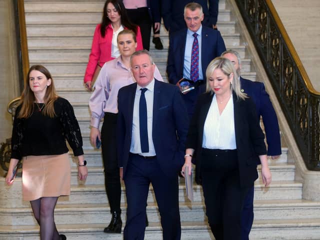 Sinn Fein leader in the north Michelle O'Neill leads her party at Stormont on Thursday. (Pacemaker)