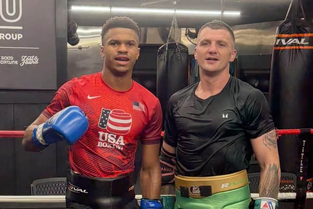 Olympian Omari Jones pictured with Connor Coyle after their sparring session in Florida this week.