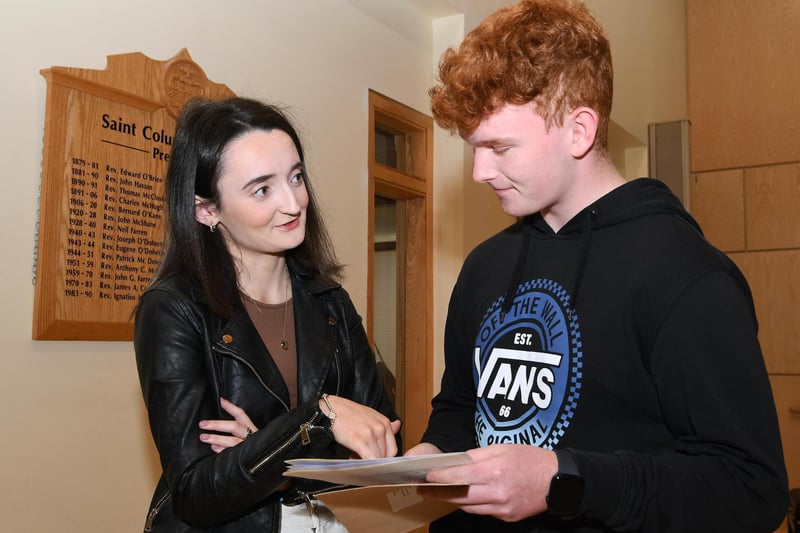 Teacher Leanne Curran chats to student Jason Sheerin, when he collected his GCSE results at St. Columb's College on Thursday morning. (Photos: Keith Moore)