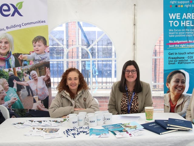 Frances Murray, Nicola Taylor, Hayley Canning and Michelle Carlin pictured at the Apex stand at Skeoge Community Health Fair. (Photo - Deirdre Heaney, nwpresspics) : Skeoge Community Hub Health Fair. Thomas Heaney nwpresspics@gmail.com