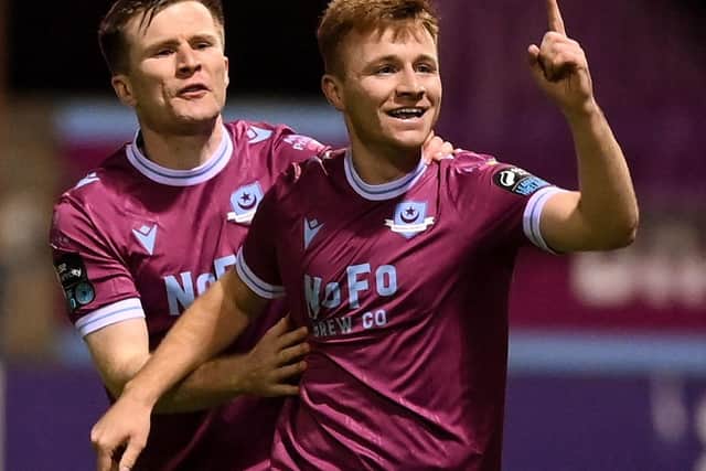 Brandon Kavanagh of Drogheda United celebrates with team-mate Conor Kane, left, celebrates after scoring his side's first goal during the SSE Airtricity Men's Premier Division match between Drogheda United and Derry City at Sullivan & Lambe Park in Drogheda, Louth. Photo by Stephen McCarthy/Sportsfile