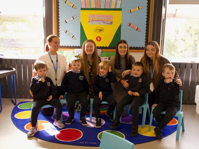 Ardnashee Primary School class with l-r - Rachel Martin (Teacher) and Class Assistants Shannon Henderson, Laura Phillips and Sara-Louise Catterson.