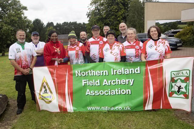 The Mayor, Lillian Seenoi-Barr pictured with the Wales team at Sunday's UK and Ireland Field Archery Championships held in the grounds of Oakgrove Integrated College, Derry. (Photos: Jim McCafferty Photography)