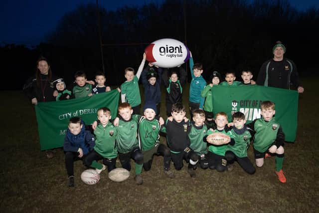 City of Derry Mini Rugby Players who will be taking part in this year's Annual St. Patrick's Day Spring Carnival Parade in the city. Included are coaches Stacey-Lea Kennedy and Mark Walker.