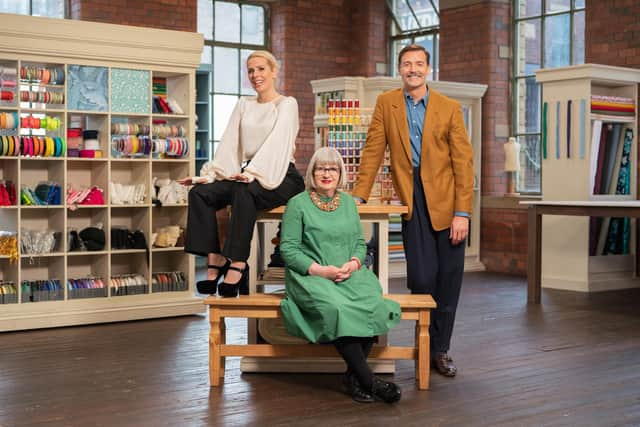 Presenter Sara Pascoe with judges Esme Young and Patrick Grant