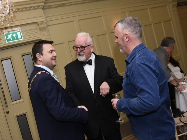 Mayor Ruairi McHugh in conversation with Charlie McDaid, founding member, GSAP and Rory McParland, manager, GSAP at Friday's 30th anniversary celebrations. (Photos: Jim McCafferty Photography) : .