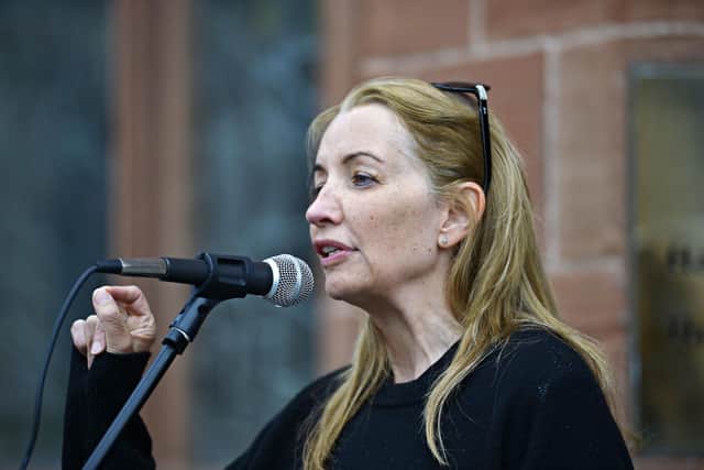 Dr Nicola Herron speaking at the Freedom for Palestine march and rally, in Guildhall Square, on Saturday afternoon.  Photo: George Sweeney
