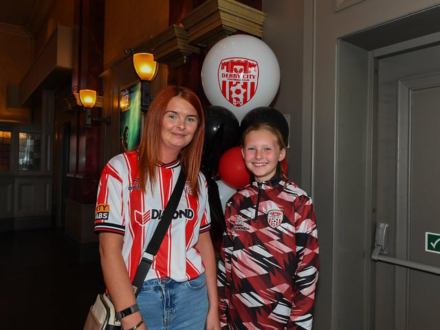 Derry City fans pictured at the Brunswick Moviebowl ahead of the live screening of the candystripes’ Europe Conference League away to FCB Magpies on Thursday evening. Photo: George Sweeney