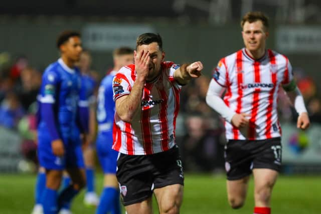 Pat Hoban celebrates his hat-trick against Waterford on Friday night. Photograph by Kevin Moore.