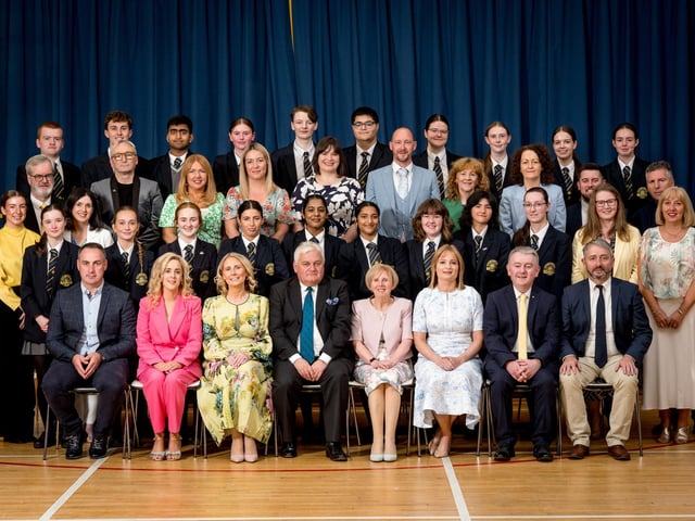 Pupils awarded 1st Place in Subject at GCSE pictured with subject teachers, Mrs Léan McShane (Senior Teacher), Mrs Brónach O’Hare (Vice Principal), Mr Michael Harron (Board of Govenors), Dr Marie Ferris (Principal), Ms Catherine Hughes (Head of Year), Dr Michael Gormley (Senior Teacher).
