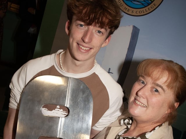 St. Columb's College student Oisin McGlinchey pictured with his mum at last week's Senior Prizegiving after he picked up the the Seagate Engineering award.