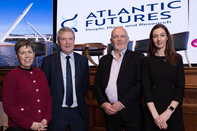 Pictured at the launch of Atlantic Futures at the Guildhall, Derry are leaders from the 4 institutions (l-r) Dr Orla Flynn, President of Atlantic Technological University, Professor Liam Maguire, PVC Ulster University, Jim Livesey, VP Research and Innovation University of Galway and Dr Caroline Murphy, Senior Lecturer at University of Limerick