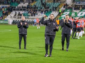 Ruaidhri Higgins, his former assistant Alan Reynolds and first team coach Conor Loughery celebrate a big win at Tallaght Stadium earlier this season.