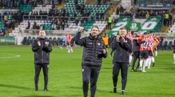 Ruaidhri Higgins, his former assistant Alan Reynolds and first team coach Conor Loughery celebrate a big win at Tallaght Stadium earlier this season.