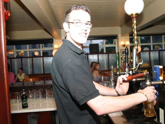 Pulling a pint in the Bogside Inn back in June 2004.