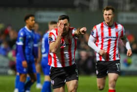 Pat Hoban celebrates his first goal against Wateford with his trademark celebration. Photograph by Kevin Moore (MCI)