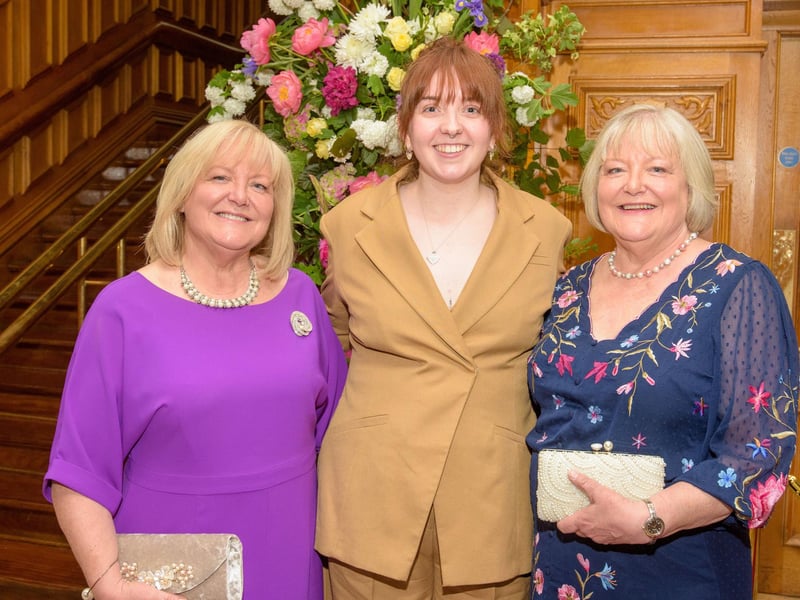 The Mayor Councillor Patricia Logue hosted the annual Mayor’s Ball in the Guildhall in aid of her crossed Charities the Foyle Hospice and Ryan McBride Foundation. Pictured at the event are guests, Catriona McFeely, Alice Perry and Annette Given  Picture Martin McKeown. 24.05.24
