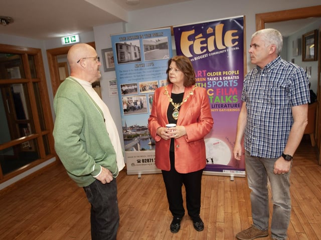Andy Bonner, manager, House in the Wells in discussion with the Mayor, Patricia Logue and John McQuaid, who is doing a PhD on Alcoholism and visiting from the Ulster University, during Friday's Barbecue.