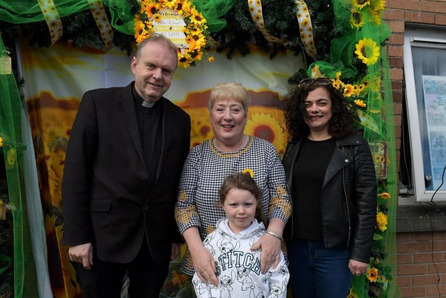 Fr Joe Gormley PP, Marie Dunne, Millie Gallagher and Roisin McLaughlin pictured at the launch of the District of Hope at Farland Way, Hazelbank, on Tuesday afternoon last. Photo: George Sweeney
