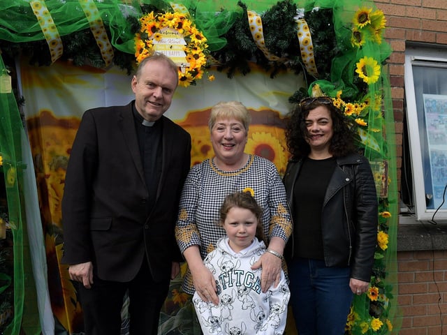 Fr Joe Gormley PP, Marie Dunne, Millie Gallagher and Roisin McLaughlin pictured at the launch of the District of Hope at Farland Way, Hazelbank, on Tuesday afternoon last. Photo: George Sweeney