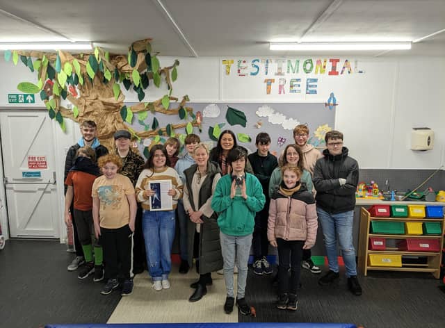 Chairperson Doreen Friel, iCARE Coordinator, Niamh Clerkin, Sonas volunteers, Ryan Black, Adam Mc Callion, Fiona Fullerton with members of Sonas youth group.