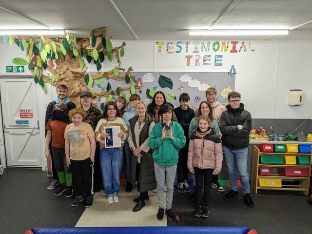 Chairperson Doreen Friel, iCARE Coordinator, Niamh Clerkin, Sonas volunteers, Ryan Black, Adam Mc Callion, Fiona Fullerton with members of Sonas youth group.