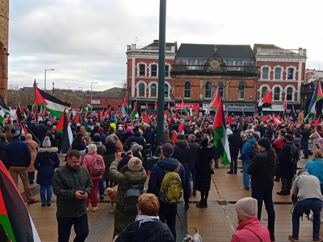 Thousands participate in Derry rally for Palestine calling for a ceasefire in Gaza on January 13, 2024