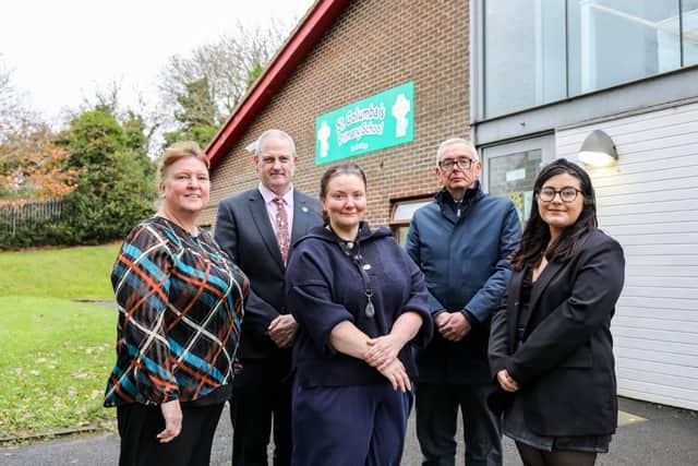 From left, DUP Alderman Niree McMorris, SDLP Councillor Martin Reilly, St. Columba's Principal Tina Lyons, Chair of the Board of Governors Gareth McFadden and PTA head Orla Ferguson.