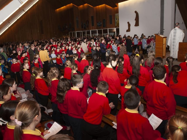 Staff, pupils and grandparents celebrate Mass in Our Lady of Lourdes Church, Steelstown on Wednesday to mark ‘Grandparents To School Day’.