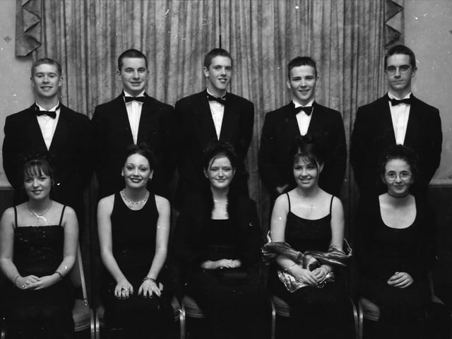 Seated, from left, are Claire Barrett, Geraldine Moran, Aideen McGinley, Christine Barr and Lisa Baldrick. Standing, from left, are Michael Coyle, Gerard Kelly, Ronnie Mann, Martin McCloskey and Graham McIvor at the St. Columb's College Annual Formal in November 1999.