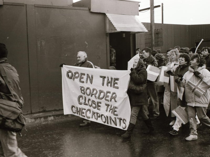 Protesters on Buncrana Road at a Faulty Towers cross-border protest over checkpoints and security force towers in 1993.