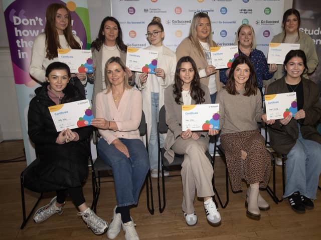 Students from Ulster University pictured receiving their certificates at Monday's 'Developing Innovative Ideas' at the Playhouse, Derry. Front from left are Molly Carton, Jacqueline McCann, Aoise Gildea, Aisling Reid and Sinead Sweeney. Back from left, Lauren Friel, Daniele McNally, Aoife Heaney, Hollie Monteith, Maria McKeever, and Emma McBrearty. Image by Jim McCafferty.