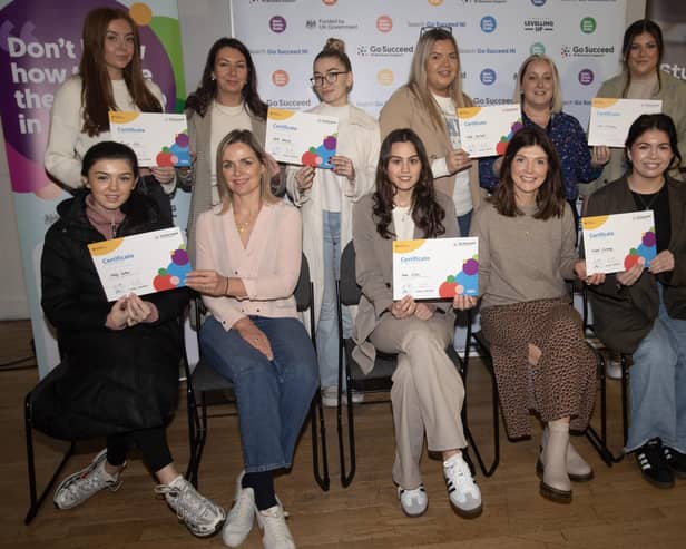 Students from Ulster University pictured receiving their certificates at Monday's 'Developing Innovative Ideas' at the Playhouse, Derry. Front from left are Molly Carton, Jacqueline McCann, Aoise Gildea, Aisling Reid and Sinead Sweeney. Back from left, Lauren Friel, Daniele McNally, Aoife Heaney, Hollie Monteith, Maria McKeever, and Emma McBrearty. Image by Jim McCafferty.