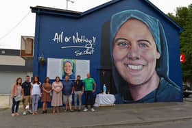 Family and friends of Sister Clare Crockett pictured at the a mural dedicated to her memory, when it was officially unveiled in Deanery Street. DER2034GS - 009