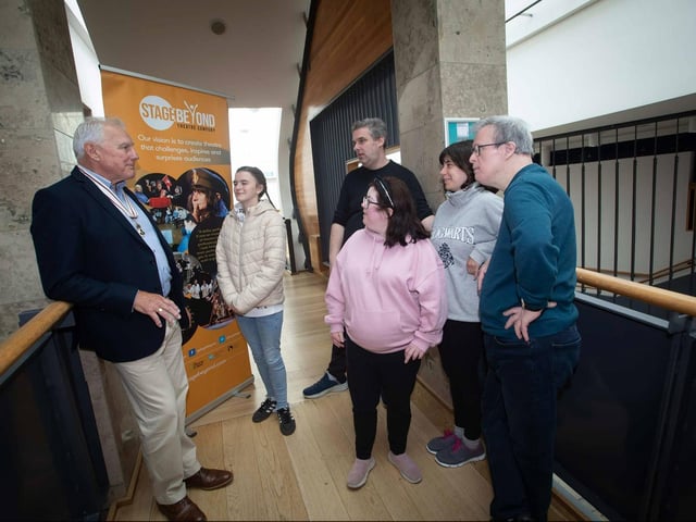 Lord Lieutenant Ian Crowe chats with Stage Beyond Theatre Company members Niamh Porter, Lee Snodgrass, Alison Smyth, Isobel Sharkey and Kevin Harkin.