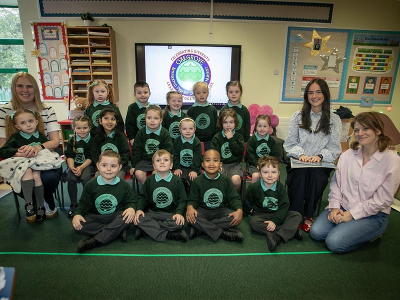 Miss Maeve Flynn's Primary One class at Oakgrove Integrated Primary and Nursery School pictured on Friday last. Included are Classroom Assistants Mrs. Rachel Sherrard and Mrs. Ruth O'Callaghan. (Photos: Jim McCafferty Photography)