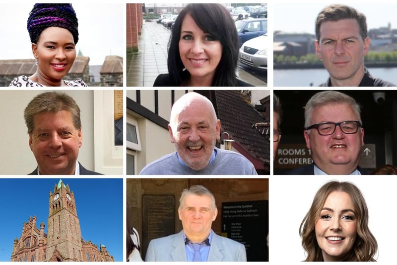 In alphabetical order, candidates standing in the Foyleside ward, top row l-r: Lilian Seenoi-Barr (SDLP), Shauna Cusack (SDLP), Shaun Harkin (People Before Profit), middle row l-r Conor Heaney (Sinn Féin),  Seán Mac Cearáin (Aontú), Stephen McCallion (SDLP), Danny McCloskey (Alliance) and Grace Uí Niallais (Sinn Féin).