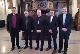 From left to right: Bishop Andrew Forster, President of the Irish Council of Churches; Archbishop John McDowell, Church of Ireland Archbishop of Armagh & Primate of All Ireland; Archbishop Eamon Martin, Catholic Archbishop of Armagh & Primate of All Ireland; Rt Rev Dr Sam Mawhinney, Moderator of the General Assembly of the Presbyterian Church in Ireland; and, Rev David Turtle, President of the Methodist Church in Ireland.