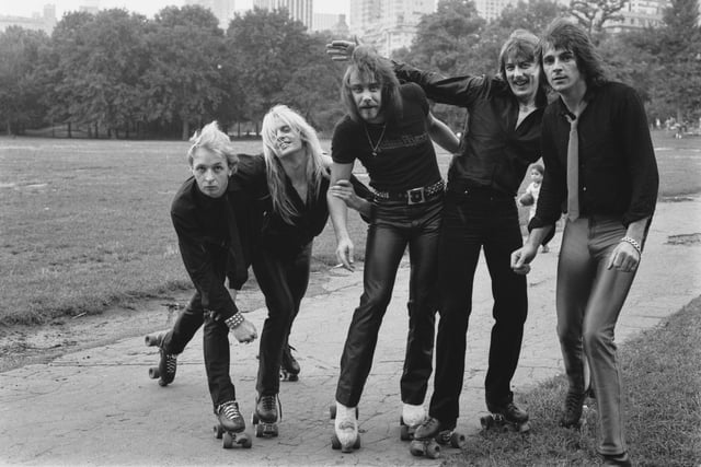 Roller boots with the big stopper, as sported here by English heavy metal band Judas Priest in a photo shoot for 'Roller Disco' magazine, were a huge hit in the 1980s.  (Photo by Don Paulsen/Michael Ochs Archives/Getty Images)