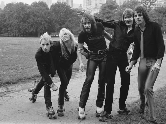 Roller boots with the big stopper, as sported here by English heavy metal band Judas Priest in a photo shoot for 'Roller Disco' magazine, were a huge hit in the 1980s. (Photo by Don Paulsen/Michael Ochs Archives/Getty Images)